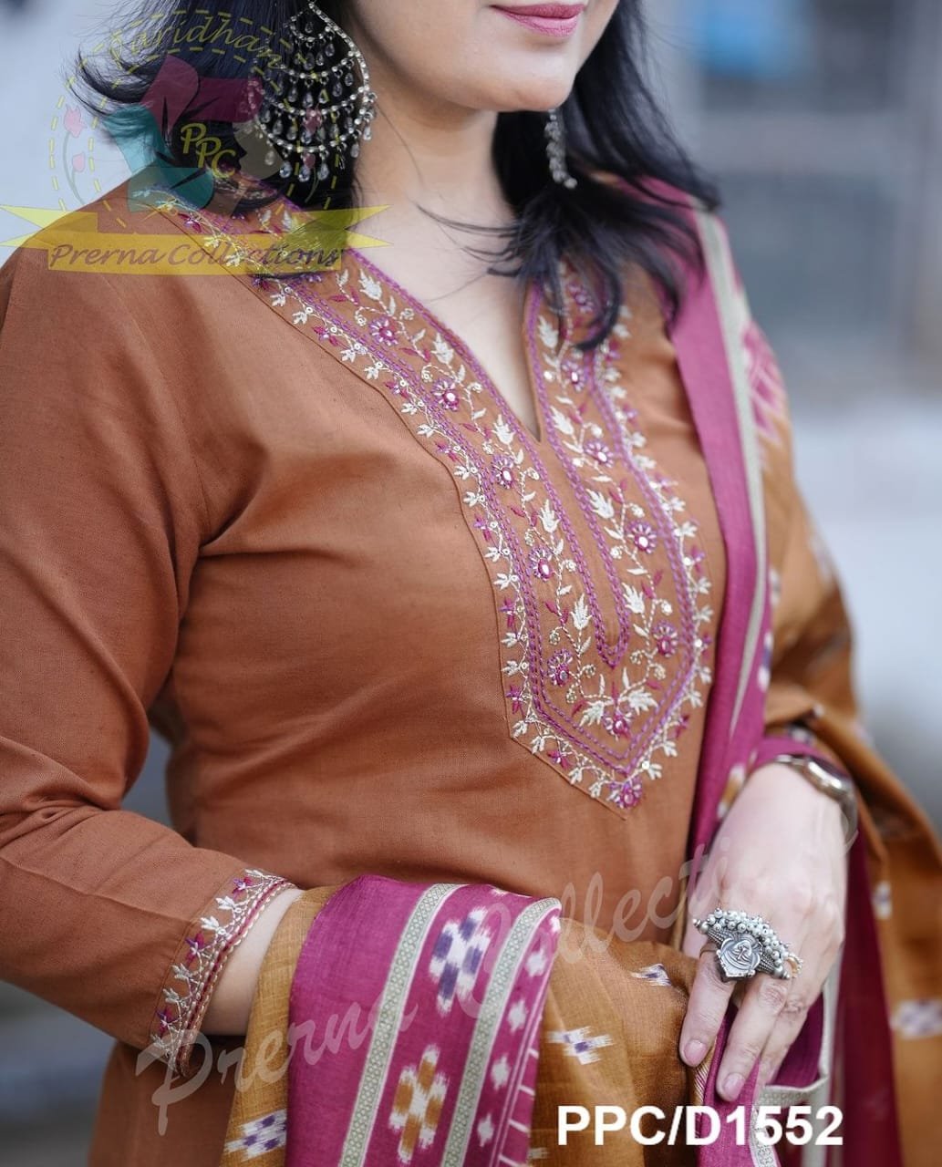 Rust Handloom Kurta Pant with Silk Dupatta